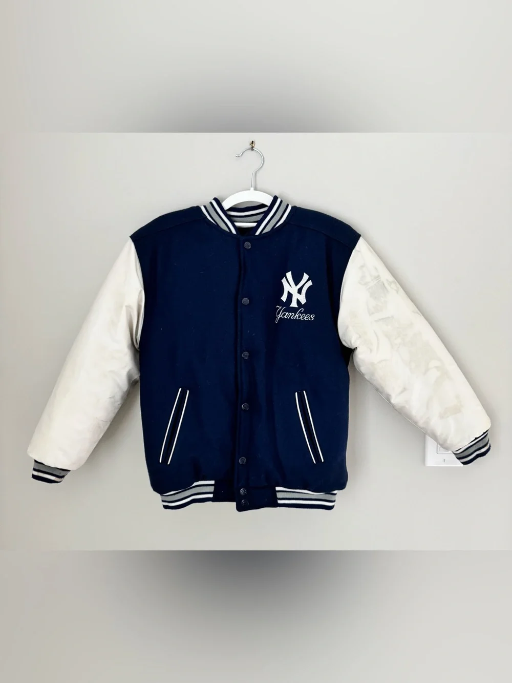 New York Yankees Mighty Mac Letterman Jacket Coat Youth Size M 12/14 Reversible